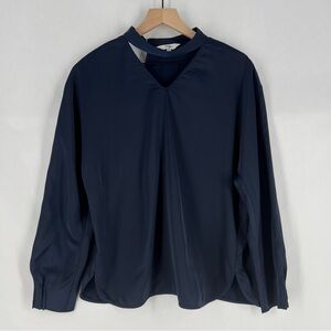 Lily Elegant Navy Satin Women's Cutout V-Neck Long Sleeve Top Size L